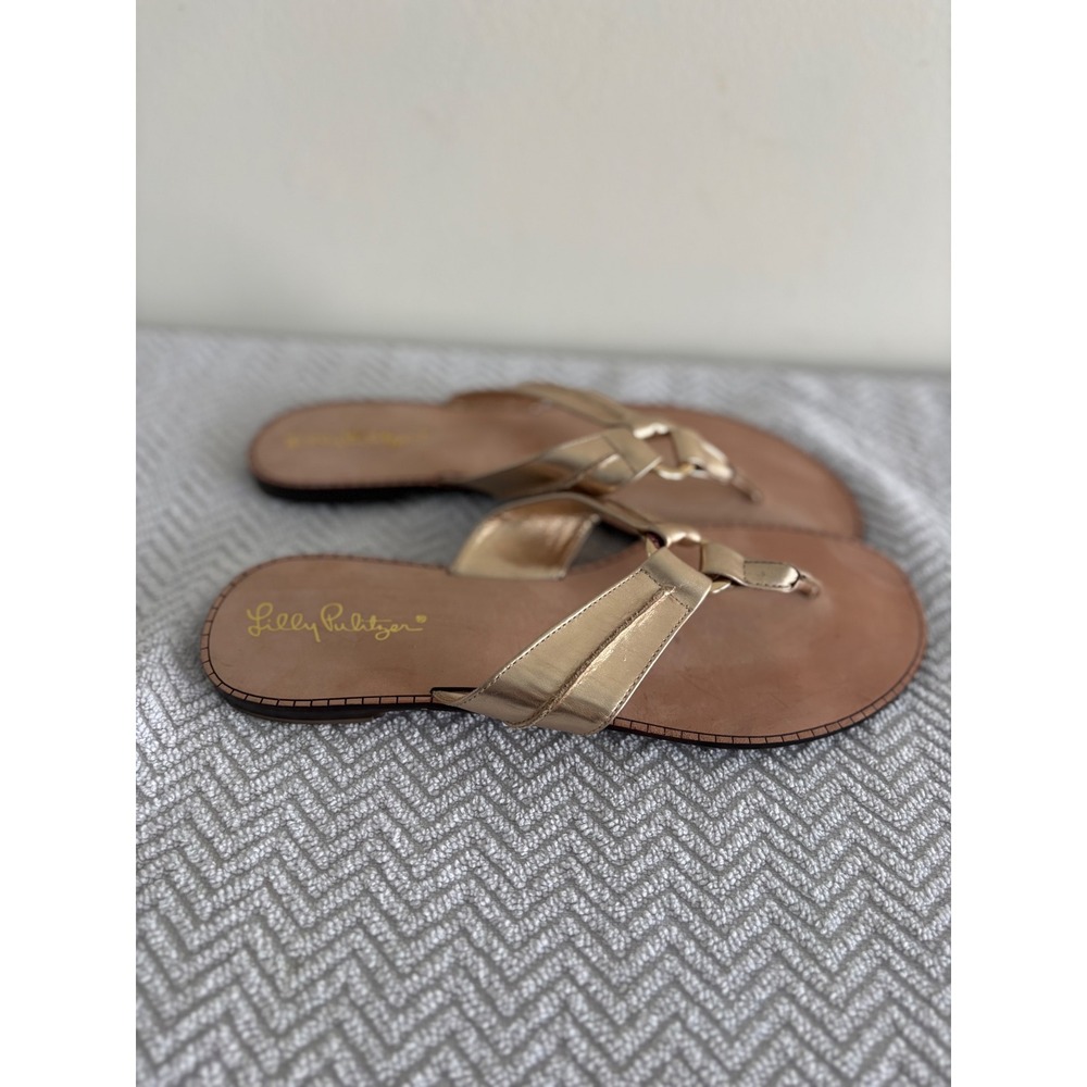 Lilly Pulitzer Gold Metallic Leather Thong Sandals Ring Detail 30187 Womens 9.5M